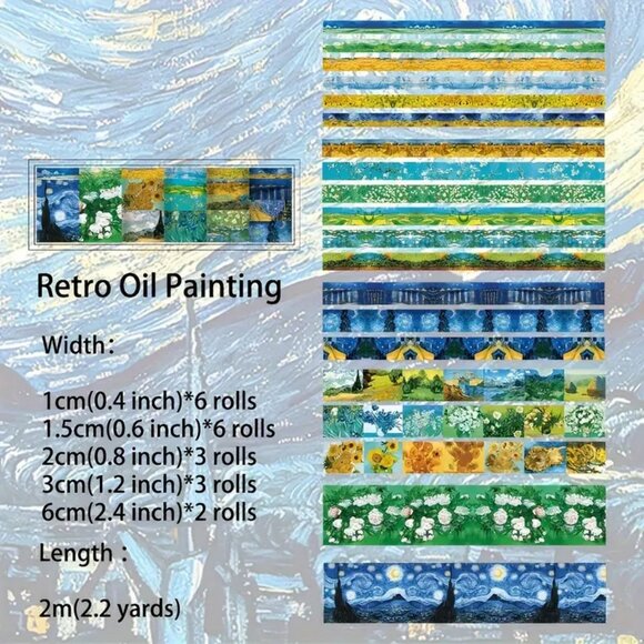 NEW 20 Rolls Washi Tape Box Set - Van Gogh Retro Paint Nature Starry Night - Picture 8 of 8